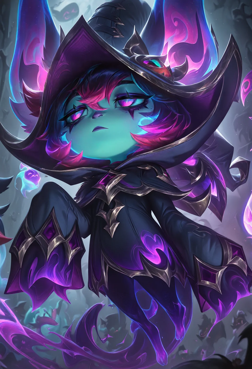 best quality, masterpiece \(quality\), L0LSPL4SH, year2024, year2023, West Studio, sixmorevodka, yordle, vex \(league of legends\), jitome, expressionless, ghost, purple magic, witch hat, sleeves past fingers, <lora:L0LSPL4SH_IllustriousXLv01:1>