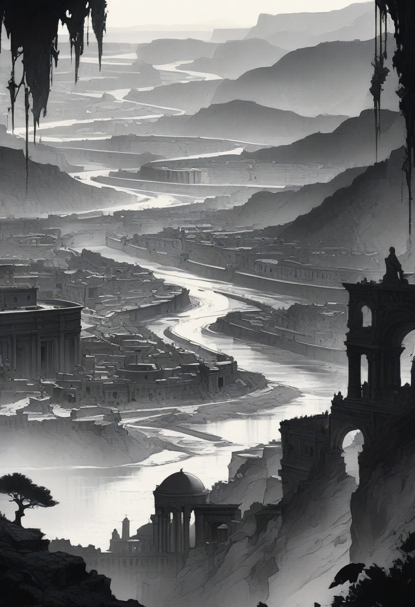 masterpiece, best quality, high contrast,16k wallpaper, High resolution, intricate, smooth, sharp focus, detailed illustration, overview, ancient roma city, river,