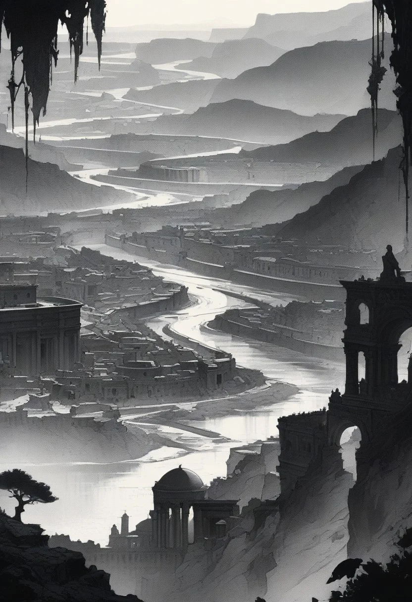 masterpiece, best quality, high contrast,16k wallpaper, High resolution, intricate, smooth, sharp focus, detailed illustration, overview, ancient roma city, river,