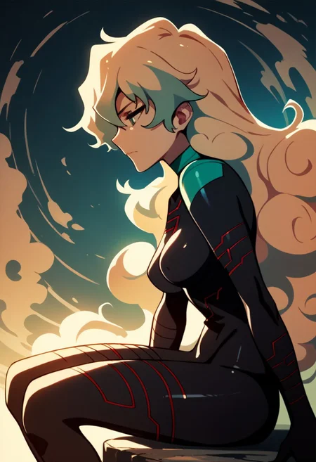 score_9,score_8_up,score_7_up,source_anime, Nia Teppelin (Antispiral),1girl,solo,breasts,closed mouth,sitting,from side,symbol-shaped pupils,profile,bodysuit,black bodysuit,cross-shaped pupils,