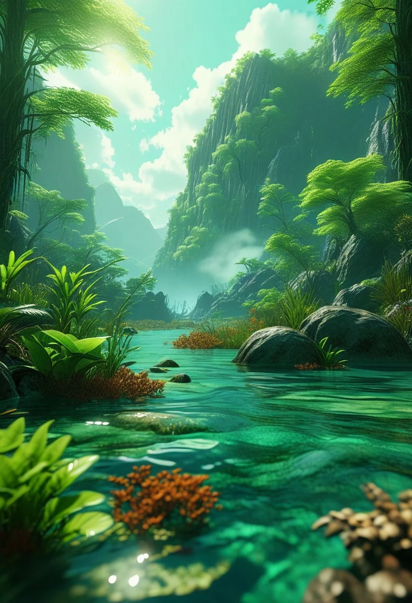 (ultra high res:1.4), (masterpiece), (beautiful lighting:1.4) , lush green forest, ancient Earth during the Paleozoic, lush swamp between some Mountains, Bright sunlight illuminates the crystal-clear water, (deep underwater),, half above water and half below water, (clear underwater), 
beautiful sky with clouds and smoke, carboniferous era aquatic and insect life, dimetrodon on the shoreline, depth