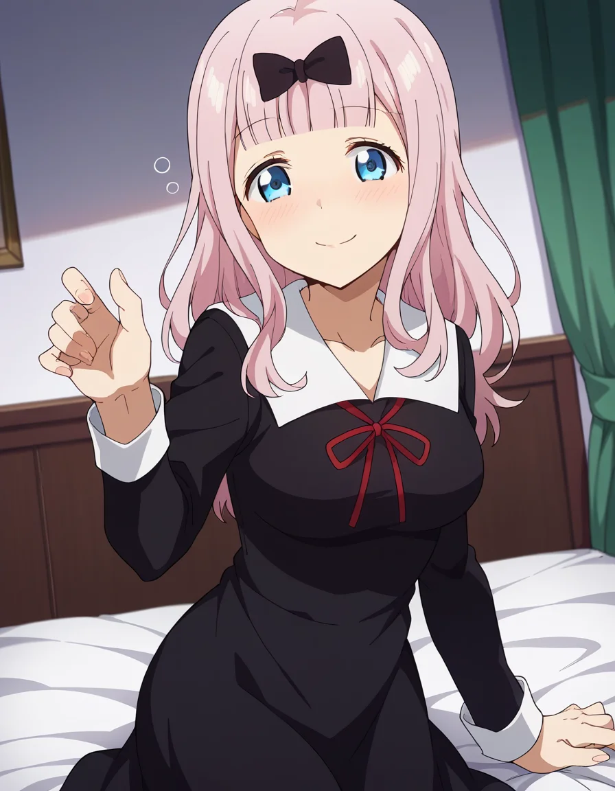 score_9, score_8_up, score_7_up, source_anime,
chikafujiwara, <lora:chika-fujiwara-s3-ponyxl-lora-nochekaiser:1>,
chika fujiwara, long hair, bangs, blue eyes, bow, pink hair, hair bow, blunt bangs, black bow, smile, mature female,
long sleeves, dress, ribbon, school uniform, collarbone, black dress, sailor collar, white sailor collar, red ribbon, neck ribbon, shuuchiin academy school uniform,
indoors, bed, bed room, on side, blush, drunk,
looking at viewer, cowboy shot, dutch angle,