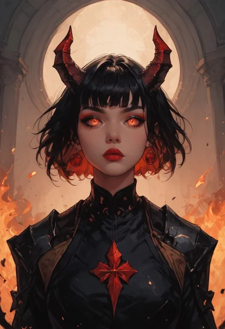 score_9, score_8_up, score_7_up, score_9, score_8_up, score_7_up, Silhouette Art, breathtaking detailed, masterpiece, awe-inspiring, radiant, magnificent. stunning oriental female demon knight, small demon horns, long black hair, bangs, dark eyeshadow, red lips, wings of fire, direct eye contact, spiked black reflective armour, standing in front of fires of hell, High Detail, Perfect Composition, in shadow, high contrast, silhouetted, chiascuro