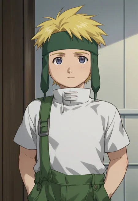 score_9, score_8_up, score_7_up, source_anime, highly detailed,
fletchertringham, solo, 1boy, male focus, blonde hair, hands in pockets, upper body, standing, shirt, white shirt, pants, short sleeves, headband, green pants,
overalls, forehead protector, blue eyes,