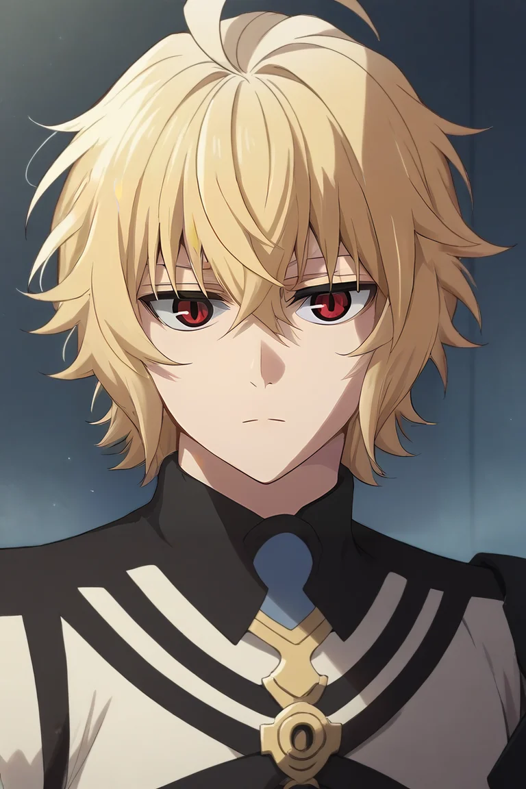 score_9, score_8_up, score_7_up, source_anime, intricate details, , looking at viewer, , depth of field, 1boy, solo, male focus, <lora:mikaela_hyakuya_pony:0.88>, mikaela_hyakuya, blonde hair, red eyes, short hair, hair between eyes, bangs, ahoge, french costume, hard science fiction, , <lora:sdxl_lightning_8step_lora:1>