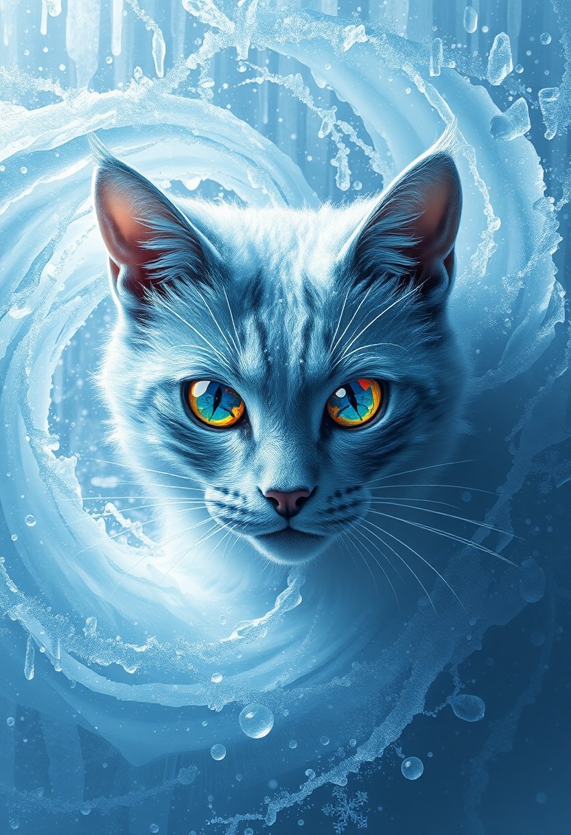 "Create a photorealistic image of a swirling gust of ice and snow that fills the air, with a majestic cat silhouette forming at the center. The ice and snow are rendered in exquisite detail, with delicate, crystalline structures and intricate patterns that shimmer and shine like a thousand tiny diamonds. The cat's eyes are bowls of gemstones, with a kaleidoscope of colors and facets that seem to shift and change as the viewer looks. The gemstones are rendered in precise detail, with subtle imperfections and inclusions that add to their realism. The overall effect is one of magical, wintry wonder, as if the ice and snow are alive and taking shape before the viewer's eyes. The image should capture the dynamic, swirling energy of the snow and ice, with a sense of movement and flow." Highest-Quality, 4k, intricate details, visually stunning, Masterpiece
