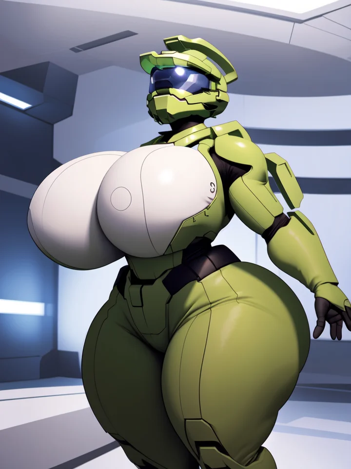 (halo masterchief:1.2), scifi planet, inflating, hyper breasts, blimptits, hyper hips, hyper butt, three-quarter view, (big breasts, wide hips:1.1), peace sign, (raw photo, 35mm photograph, film, professional, 4k, highly detailed:1.1) <lora:Inflation08-One4AllFur:0.7>