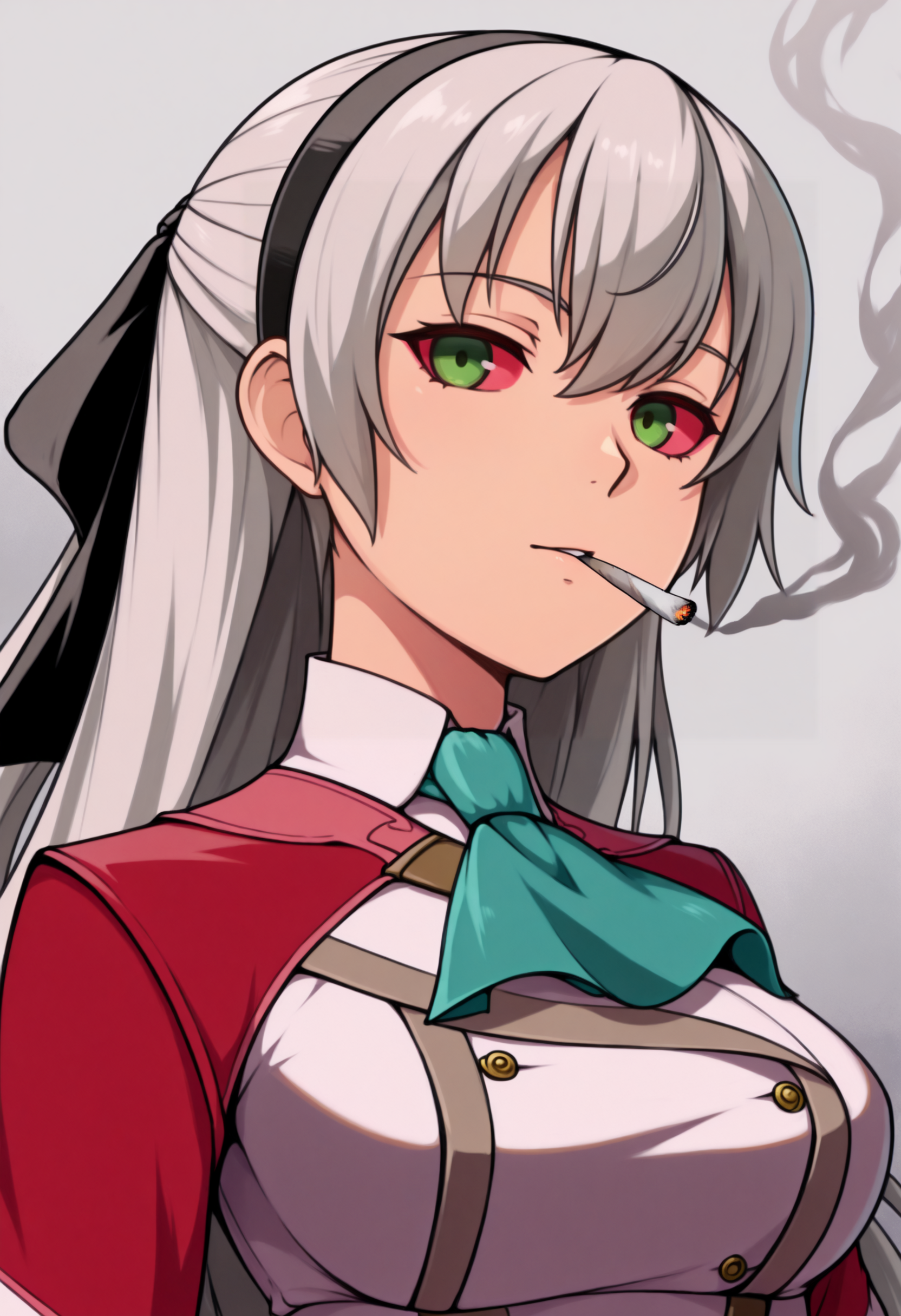 masterpiece, best quality, solo, 1girl, looking at viewer,  <lora:Stoned-illus_Fp:1>, colored sclera, smoking, joint \(drug\), <lora:elie-illu-nvwls-v1:1>, zrelie, grey hair, long hair, half updo, green eyes, black hairband, hair ribbon, white and red uniform, white dress, aqua ascot, brown belt, black pantyhose, portrait,