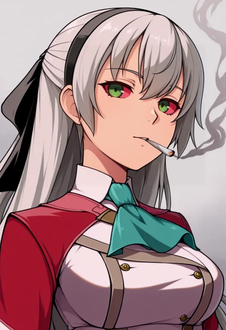 masterpiece, best quality, solo, 1girl, looking at viewer, <lora:Stoned-illus_Fp:1>, colored sclera, smoking, joint \(drug\), <lora:elie-illu-nvwls-v1:1>, zrelie, grey hair, long hair, half updo, green eyes, black hairband, hair ribbon, white and red uniform, white dress, aqua ascot, brown belt, black pantyhose, portrait,
