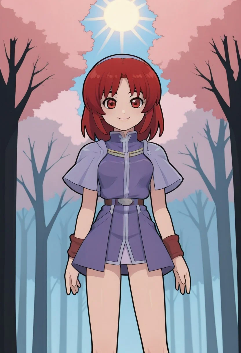 1 cute girl, solo, smiling, forest, Cherry blossoms, daylight, sun , Christina, red hair, red eyes,