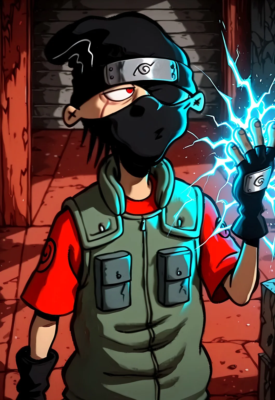 masterpiece, absurdres, newest, best quality, 8k, detailed, anime style, 1boy, solo, eddboi, sockhead, smooth black beanie, red shirt, kakashi, covered mouth, mouth mask, red eye, scar across eye, forehead protector, one eye covered by protector, gloves, konohagakure symbol, green vest, blue shorts, chidori, electricity, electrokinesis, energy