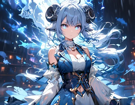 score_9_up, score_8_up, score_7_up, score_6_up, zPDXL2, (Anime_source), (scenery:1.2), 1girl, (MinaiAruma:1.1), highly detailed eyes, cleavage, waistcoat, detached sleeves, (light grey horn:1), (sheep horns:0.9), long hair, (navel:0.7), 
(blue glowing eyes:0.6), floating hair BREAK
dark aura, aura, particles, looking at viewer, dark background, (storm, storm cloud, rain:1.1), lightning, (panorama:1.2), 
<lora:MinaiArumaXL_autismmixPony:1>, <lora:Episode_1__Aesthetic__Shufflebox_r1:0.7>, <lora:EnvyPonyPrettyEyes01:0.5>, (foreshortening:1.2), depth of field, (dutch angle:1.2), cinematic_angle, rating_safe, sfw , masterpiece, newest, absurdres