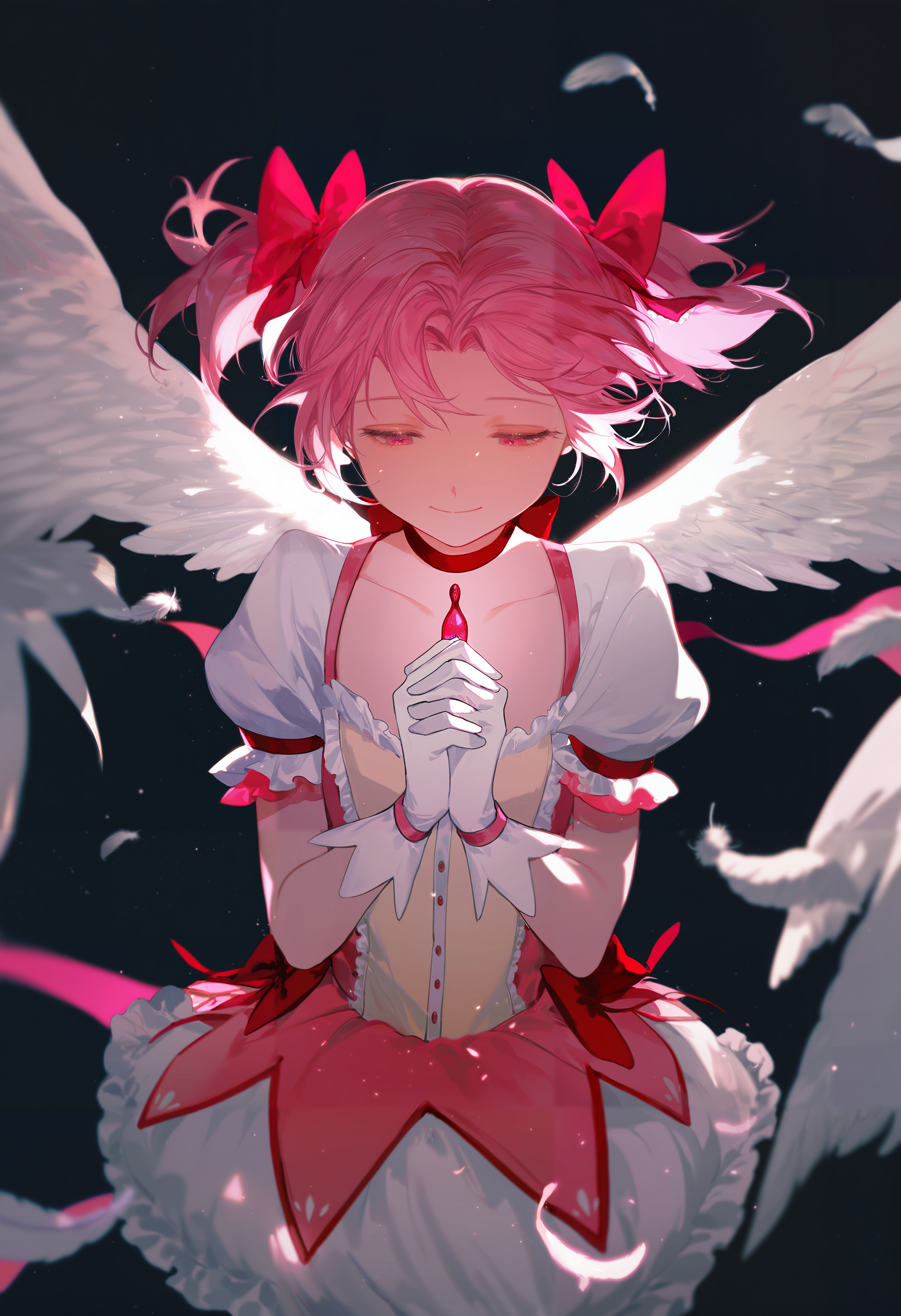 1buk1s4tsuk1, masterpiece, best quality, good quality, newest, very awa, absurdres, highres,  1girl, kaname madoka \(magical girl\), kaname madoka, angel wings, praying, smile, half-closed eyes, close-up, blurry, cowboy shot, dark background, close-up, pink theme, glow, bloom, frills, underlighting, feathers, light particles, <lora:None:1.0>