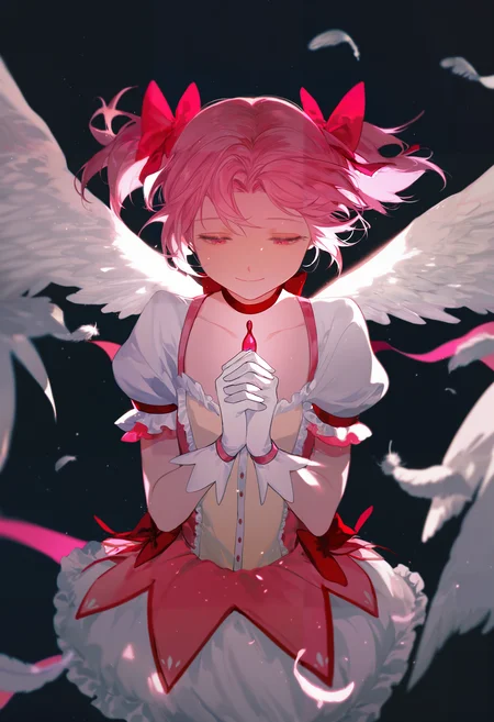 1buk1s4tsuk1, masterpiece, best quality, good quality, newest, very awa, absurdres, highres, 1girl, kaname madoka \(magical girl\), kaname madoka, angel wings, praying, smile, half-closed eyes, close-up, blurry, cowboy shot, dark background, close-up, pink theme, glow, bloom, frills, underlighting, feathers, light particles, <lora:None:1.0>