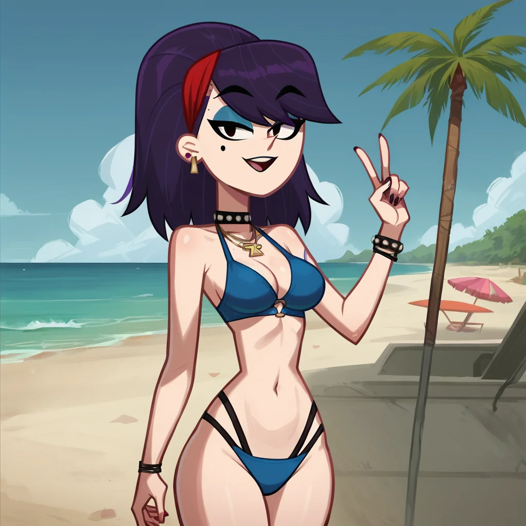 score_9, score_8_up, score_7_up, 1girl, CandyJams, style parody, purple hair, medium hair, makeup, mole, jewelry, medium breasts, narrow waist, wide hips, looking at viewer, bikini, thong, beach, outdoors, highres, high quality, masterpiece, <lora:Candy_Jams:1>
