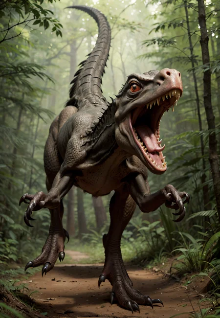 troodon, opening mouth, sharp teeth, running in forest, (masterpiece),((ultra-detailed)), (highly detailed CG illustration),(expressionless), (best quality:1.2), High quality texture, intricate details, detailed texture, High quality shadow, <lora:add_detail:0.5>, <lora:GoodHands-vanilla:1>, <lora:detailed_notrigger:0.7>,  <lora:picxer_real:0.7>