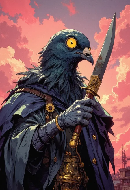 masterpiece, best quality, create a detailed oil painting in a dark fantasy style featuring a pigeon with oversized, bulging yellow eyes, staring intently at the viewer while holding a comically large knife. Incorporate noticeable pencil strokes to add texture to the artwork. The background should be a pink cloud, sunset, providing a contrasting backdrop to the whimsical yet intriguing scene. The artwork should be inspired by the Renaissance, showcasing realism and the qualities of portrait photography. Focus on creating a captivating and imaginative portrayal of this unique character, Cinematic, beautiful, vibrant, masterpiece, 32k, ultra HD, ultra-detailed, amazing quality, amazing artist, sharp edges, detailed textures, full view, atmospheric lighting, amazing visuals