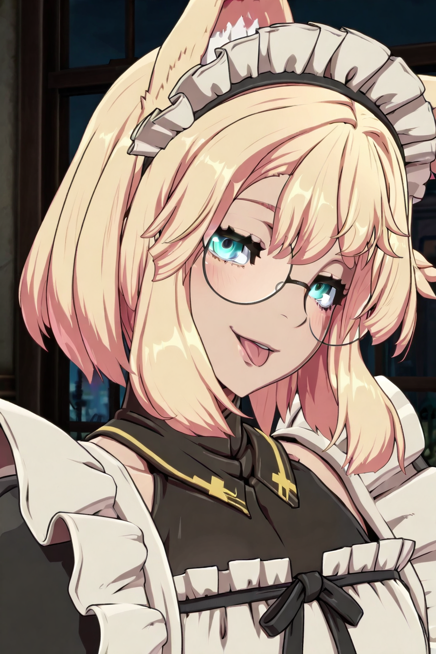 shiny skin, posing,
<lora:bridget.il:1>,
bridget,
glasses, cat ears, 
twin braids, 
maid costume, apron, headdress, frill, lace, see-through, halterneck, 
indoors,  
looking at viewer, smile, parted lips, half-closed eyes, glowing eyes, tongue out, 
upper body, head tilt, blush, night,