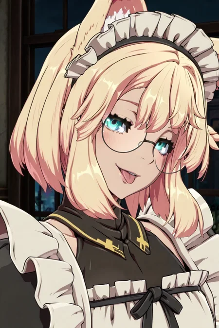 shiny skin, posing,
<lora:bridget.il:1>,
bridget,
glasses, cat ears,
twin braids,
maid costume, apron, headdress, frill, lace, see-through, halterneck,
indoors,
looking at viewer, smile, parted lips, half-closed eyes, glowing eyes, tongue out,
upper body, head tilt, blush, night,