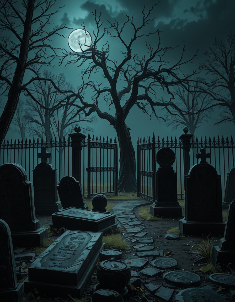 A dark and eerie cemetery shrouded in mist, with ancient, weathered tombstones covered in moss. The scene is dimly lit by a pale, ghostly moonlight filtering through twisted, leafless trees. Cracked stone pathways lead through the graveyard, partially hidden by overgrown grass and creeping ivy. A few old, gothic-style mausoleums stand in the background, their iron gates slightly ajar, adding to the mysterious and haunting atmosphere. Wisps of fog swirl around the gravestones, enhancing the eerie mood. The overall color palette consists of deep blues, grays, and muted greens, creating a cold and unsettling ambiance. The image is highly detailed and photorealistic, capturing the textures of the aged stone, the fogâs movement, and the ominous shadows stretching across the ground. 
<lora:SDXLFaeTastic2400:0.4> <lora:extremely_detailed:0.4> extremely detailed,<lora:33r13_c3m3t3ry-ill:1>,33r13 c3m3t3ry, Masterpiece,best quality,hi res,8k,hi res,8k,award winning,(sharp focus, intricate, highly detailed),