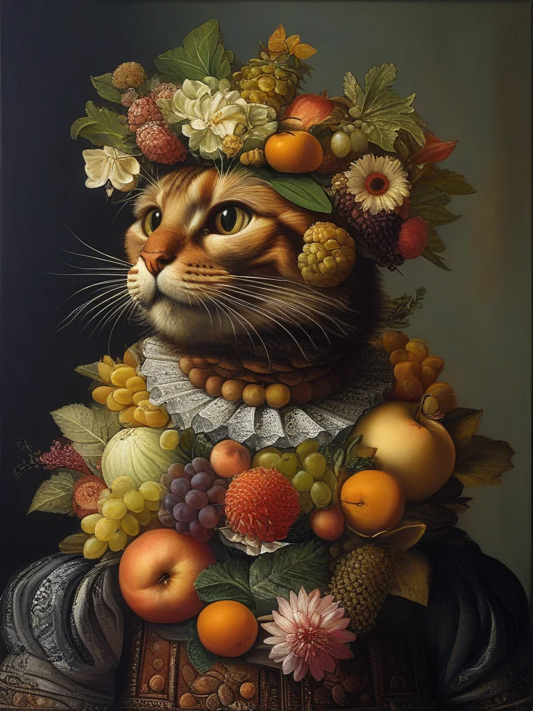 masterpiece,best quality,oil painting,illustration,cat,style of Giuseppe Arcimboldo,fruits,vegetables,flowers,fish and books,<lora:tbh108-sdxl:0.9>,
