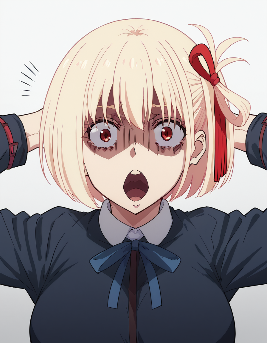 score_9, score_8_up, score_7_up, source_anime, chisatonishikigi, <lora:chisato-nishikigi-s1-ponyxl-lora-nochekaiser:1>, chisato nishikigi, short hair, bangs, blonde hair, red eyes, hair ribbon, one side up, bob cut, large breasts,, <lora:shocked-black-guy-ponyxl-lora-nochekaiser:1> shocked black guy, open mouth, looking at viewer, hands behind head, shaded face,, , ,