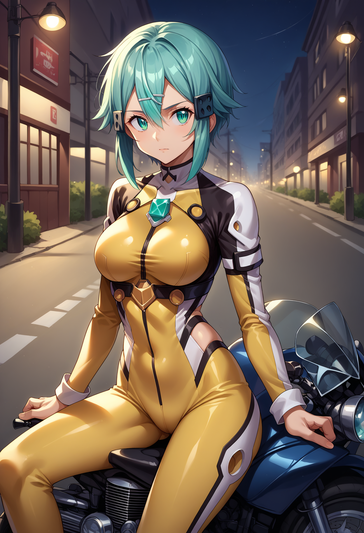 score_9, score_8_up,score_7_up, source_anime, 1girl, <lora:EPsoaSinonPony-04:1.0>, EPsoaSinon, short hair, aqua hair, detailed jewel-like eyes, hair between eyes, hair ornament, hairclip, sidelocks, cowboy shot, leaning, motor vehicle, ground vehicle, motorcycle, sitting, on motorcycle, Zoom (Grayish yellow) bodysuit, bodysuit, night, street,