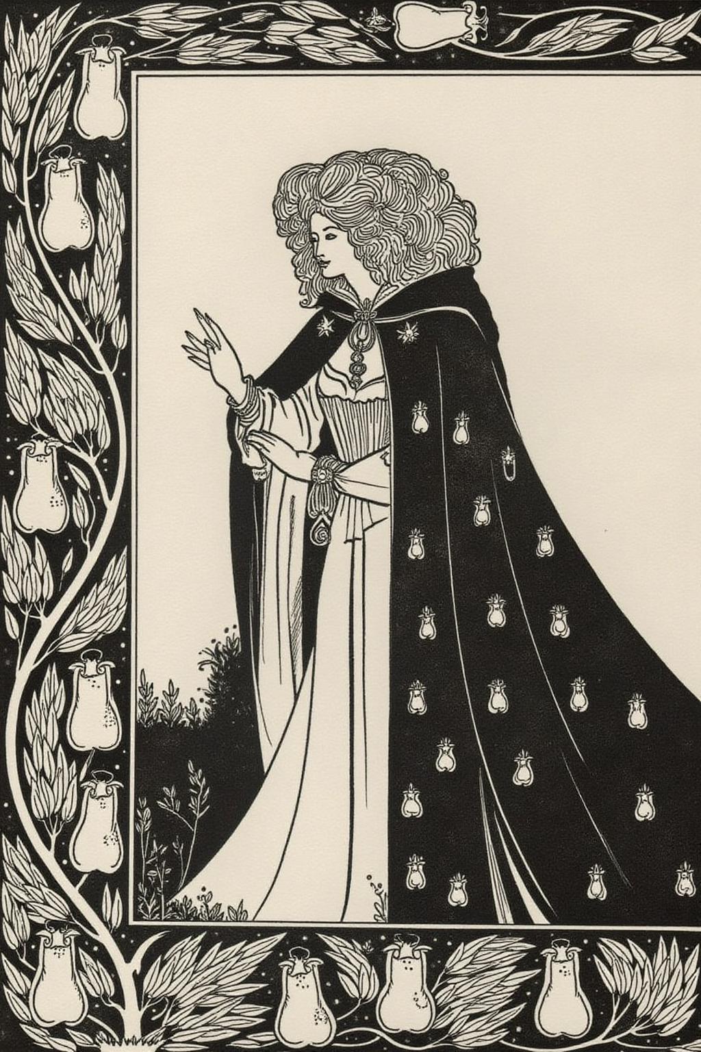 aubea1 illustration. 
A woman with curly, voluminous hair cascading down her back, dressed in a flowing, elaborate gown with a voluminous, ornate cloak adorned with a repeating pattern of small, circular designs. The cloak drapes down to the ground, creating a sense of majesty and depth.
 <lora:aubea2_cap_d6a3:1.0><lora:823925304914411929:0>