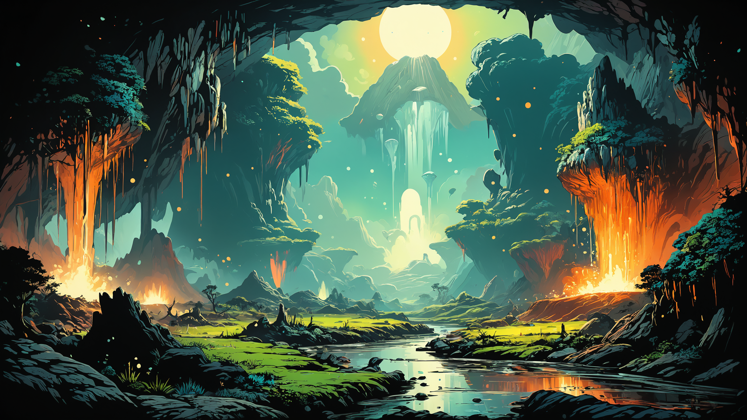 alien landscape, Subterranean rivers flowing through phosphorescent caves, Steaming geysers amidst volcanic landscapes , alien [flora:fauna:0.5], Sunrays shine upon it, <lora:Ive_Got_The_Power:0.8>, <lora:gorgoeus_splash_of_vibrant_paint:0.7> Gorgeous splash of vibrant paint, <lora:MJ52:0.4>
