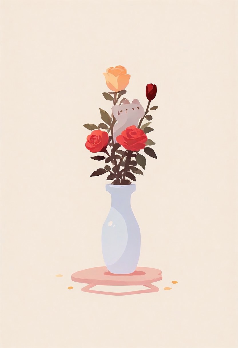simple background, beige background, jumping gray cat, vase in the back, rose, 
BREAK 
masterpiece, best quality, good quality, very awa, very aesthetic, absurdres, newest, (Perfect details),(****), haiz_ai, no lineart,no outline,