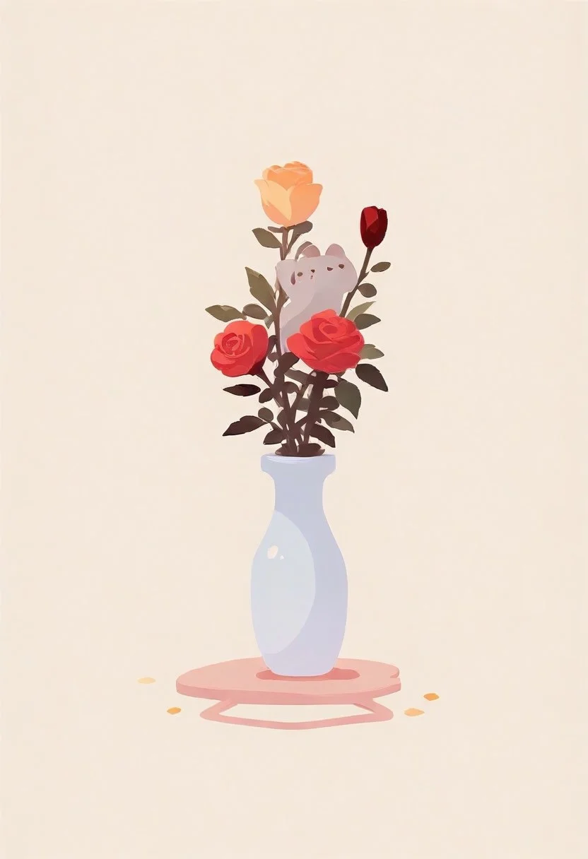 simple background, beige background, jumping gray cat, vase in the back, rose, 
BREAK 
masterpiece, best quality, good quality, very awa, very aesthetic, absurdres, newest, (Perfect details),(****), haiz_ai, no lineart,no outline,