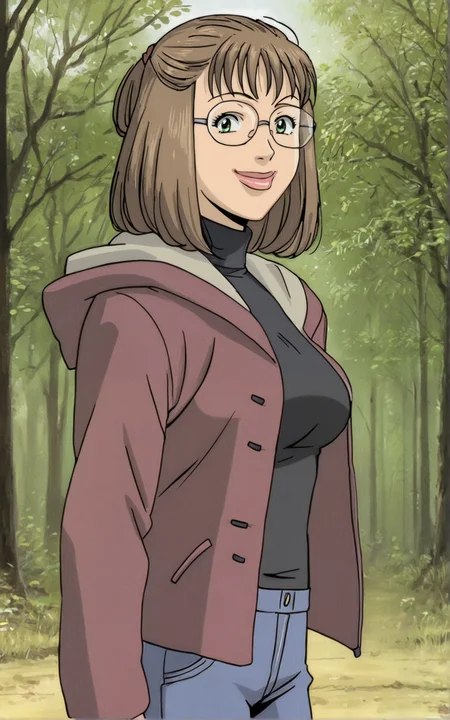 score_9_up, source_anime,Expressiveh, lotte_frank, 1girl. solo. forest.  smile.hood down, jacket, turtleneck, hoodie, outdoors, pink jacket, blue pants, medium breasts.  from side. brown hair, glasses,  green eyes, lips, rimless eyewear, makeup, lipstick, thick lips, big lips,