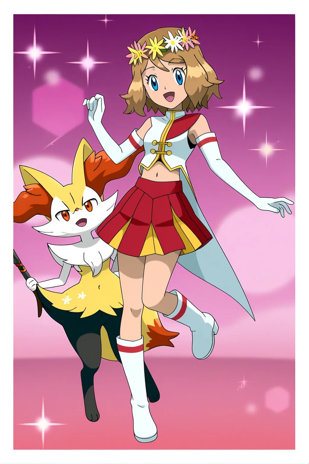 anime, anime screencap, pokemon, serenadorixlc, 1girl, smile, short hair, open mouth, blue eyes, skirt, gloves, navel, full body, flower, :d, pleated skirt, boots, tongue, elbow gloves, midriff, white gloves, medium hair, eyelashes, (pokemon \(creature\), red skirt, border, leg up, white footwear, white border, head wreath, clothed pokemon, braixen, serena \(pokemon\)
<lora:Serena_doridorich:1>