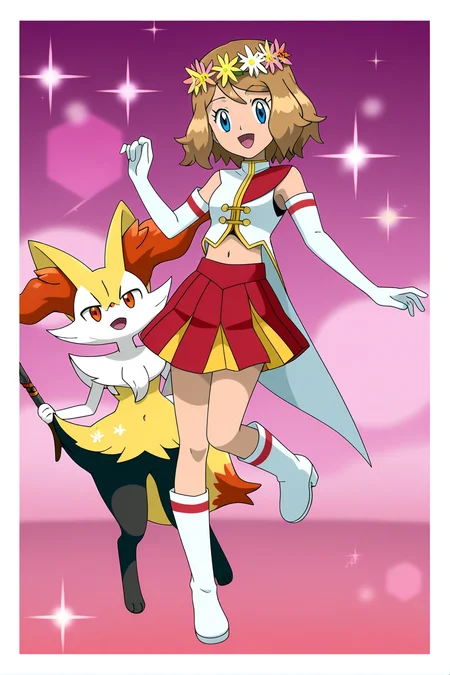 anime, anime screencap, pokemon, serenadorixlc, 1girl, smile, short hair, open mouth, blue eyes, skirt, gloves, navel, full body, flower, :d, pleated skirt, boots, tongue, elbow gloves, midriff, white gloves, medium hair, eyelashes, (pokemon \(creature\), red skirt, border, leg up, white footwear, white border, head wreath, clothed pokemon, braixen, serena \(pokemon\)
<lora:Serena_doridorich:1>