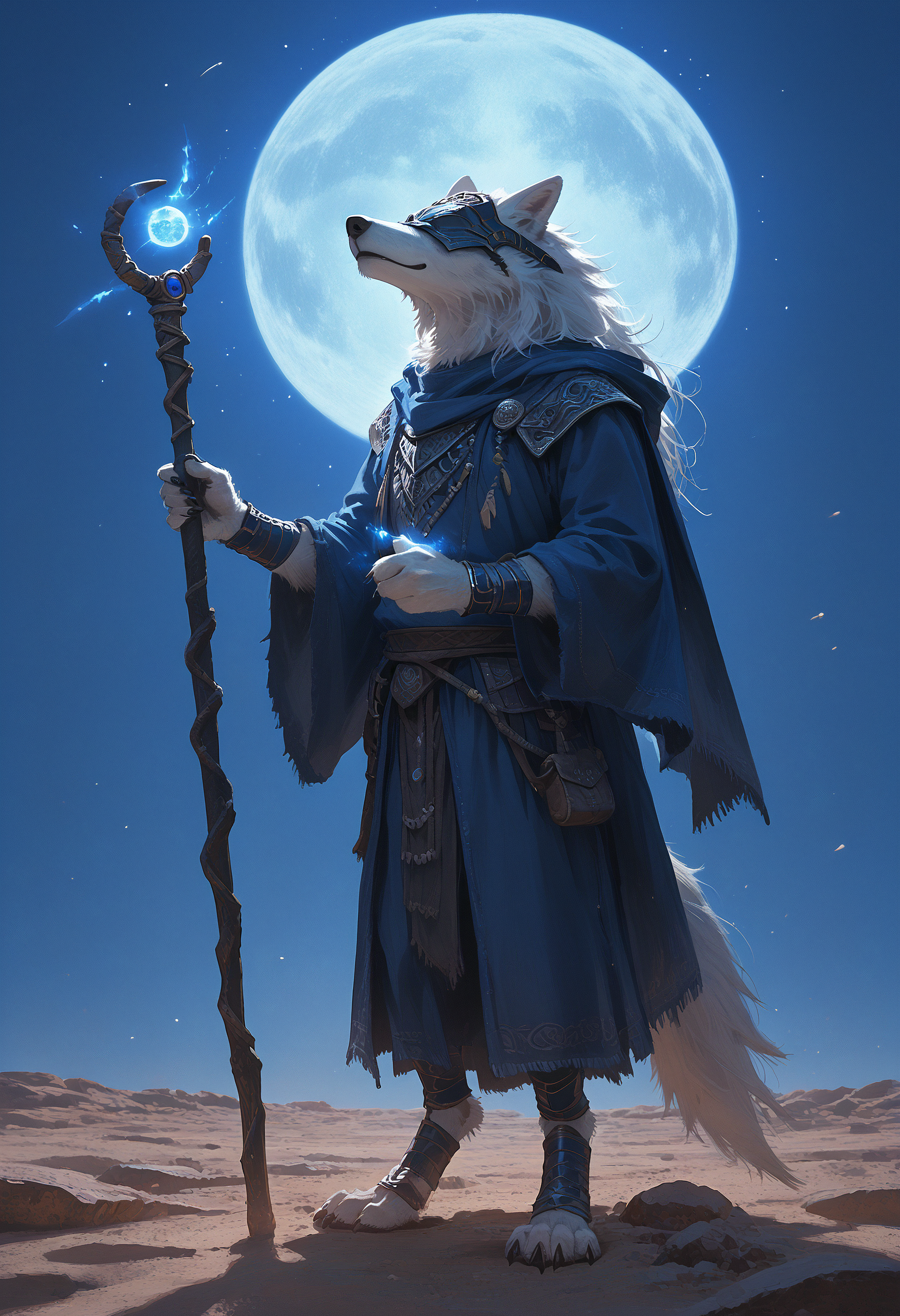 (score_9, score_8_up, score_7_up), source_furry, source_anime, realism, photorealism, maliketh \(elden ring\), wolf, digitigrade, white fur, side view, male, anthro, long fur, detailed fur, solo, body fur, fur tuft, furry, fluffy, neck tuft,muscular, armor, blue robe, blue blindfold, desert, claws, full body, hknature, moon, night, stars, smile, staff, accessories, glowing, magic, tribal, shaman, feathers <lora:maliketh:0.8>  <lora:ProtectorsOfNaturePony:0.7>