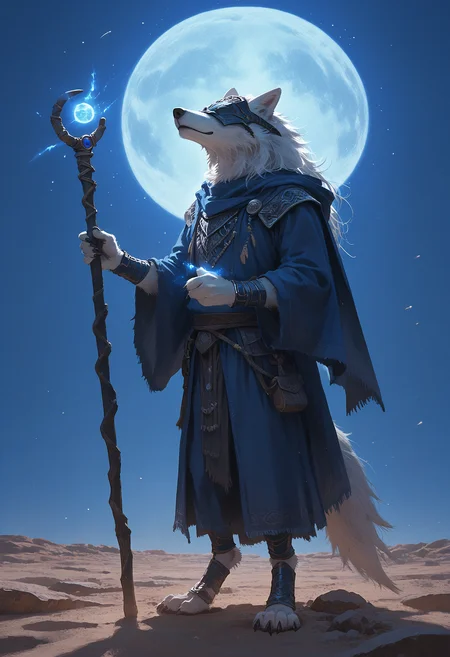 (score_9, score_8_up, score_7_up), source_furry, source_anime, realism, photorealism, maliketh \(elden ring\), wolf, digitigrade, white fur, side view, male, anthro, long fur, detailed fur, solo, body fur, fur tuft, furry, fluffy, neck tuft,muscular, armor, blue robe, blue blindfold, desert, claws, full body, hknature, moon, night, stars, smile, staff, accessories, glowing, magic, tribal, shaman, feathers <lora:maliketh:0.8> <lora:ProtectorsOfNaturePony:0.7>