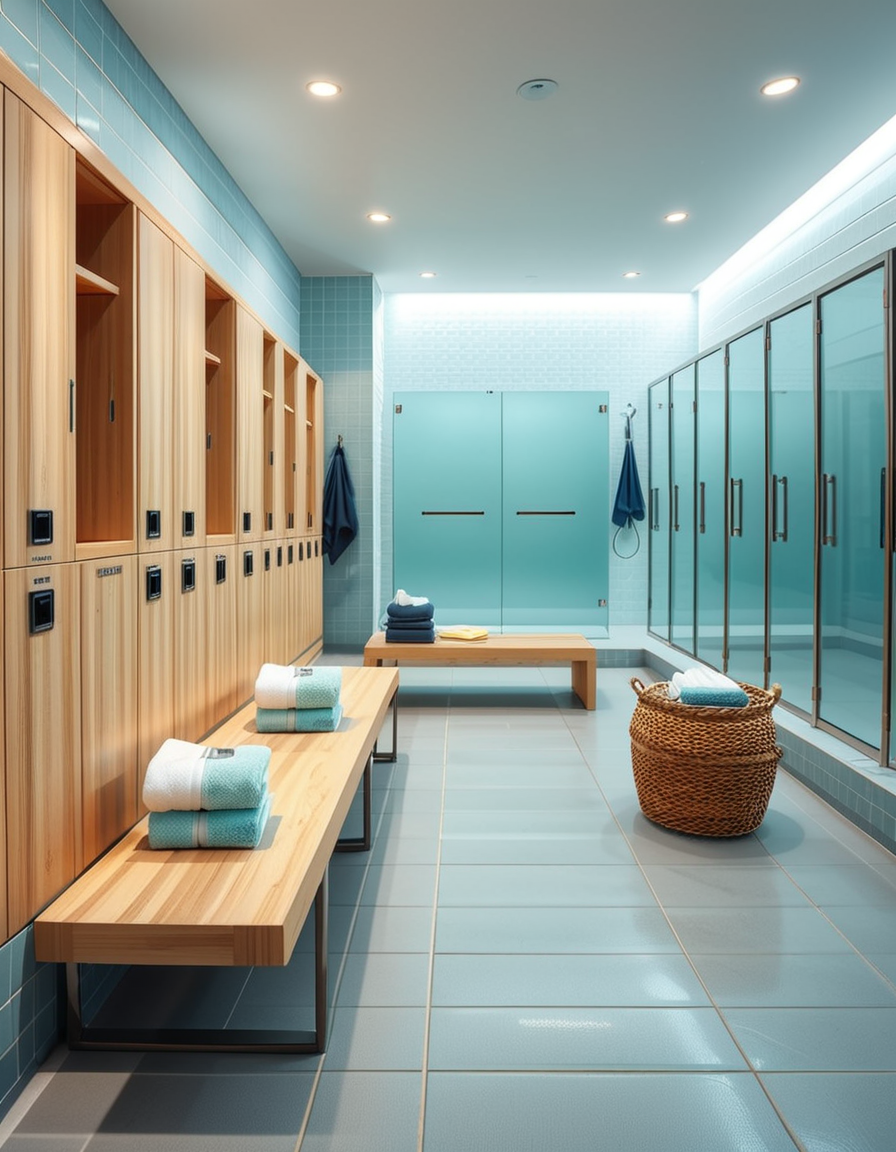 A realistic photograph of a modern swimming pool changing room, featuring clean, sleek design with white tiled walls and light blue accents. Rows of wooden benches with metal frames are neatly aligned in the center of the room. On the sides, there are individual lockers with glossy pastel-colored doors (light blue, mint green, and pale yellow), each with small number labels. Hooks are mounted on the walls, some holding neatly folded towels. The floor is made of non-slip gray tiles, slightly wet, reflecting the soft overhead LED lighting. The atmosphere is fresh and inviting, with a subtle fog from the pool area beyond a frosted glass door at the back. To the left side of the room, a large mirror spans the wall above a counter with built-in sinks, chrome faucets, and a few small bottles of hand soap. A subtle reflection of the interior is visible in the mirror. No people are present in the room. The lighting is bright but natural, as if itâs daytime with soft sunlight filtering through small high windows. The mood is calm, clean, and welcoming, captured with a high-resolution camera in photorealistic style. 
<lora:SDXLFaeTastic2400:0.4> <lora:extremely_detailed:0.4> extremely detailed,<lora:swimming_pool_ch4ng1ng_r00m:1>,swimming pool ch4ng1ng r00m, Masterpiece,best quality,hi res,8k,hi res,8k,award winning,(sharp focus, intricate, highly detailed),