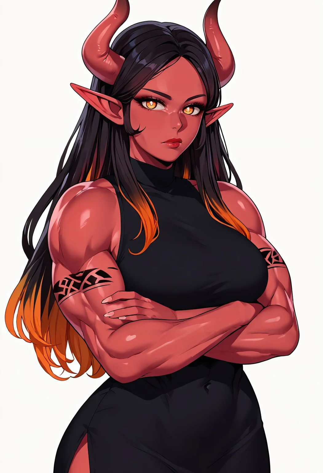 score_9,score_8_up,score_7_up, <lora:succuboos_style_pdxl_goofy:1>1girl, arm tattoo, artist name, bare shoulders, black dress, black hair, black horns, closed mouth, colored skin, crossed arms, demon girl, demon horns, dress, fingernails, horns, lips, long hair, looking at viewer, multicolored hair, muscular, muscular female, navel, orange eyes, pointy ears, red hair, red lips, red skin, simple background, sleeveless, sleeveless dress, solo, tattoo, tiefling, two-tone hair, white background
