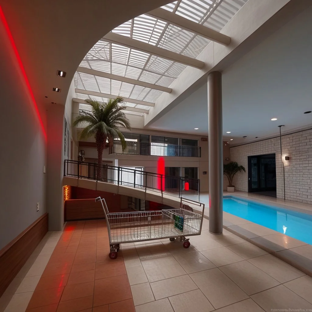 web address, bed, a spiral staircase in a pool with a tiled floor, a bird is perched on a door in a room, lights, a large atrium with a glass railing and a red light, a road with a tunnel in the middle of it, real world location, a large building with a bunch of stairs, a shopping cart is sitting outside of a house, a palm tree in a building with a tiled floor