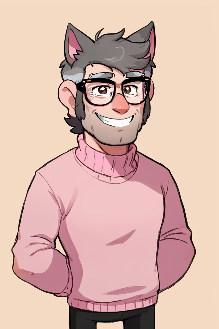 fordpines, 1boy, solo, male focus, mature male, old man, smile, upper body, muscular, short hair, grey hair, brown eyes, thick eyebrows, glasses, black-framed eyewear, facial hair, stubble, sideburns, cat ears, animal ears, pink sweater, black pants, standing, simple background <lora:Stanford (Ford) Pines SDXL_LoRA_10r_10e_32i_nr32_a16_SDXL:0.7>