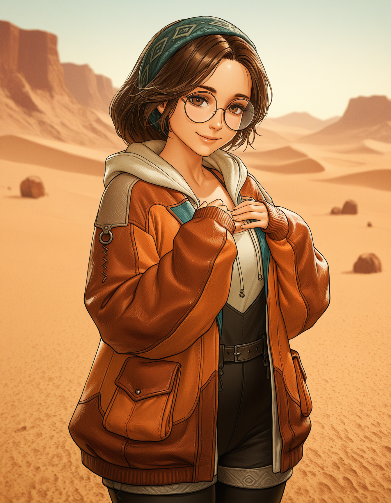 1girl, solo, almaMH, brown hair, hairband, brown eyes, round eyewear, smile, Alma_Outfit, orange jacket, sleeves past wrists, black pants, hands on own chest, depth of field, (three quarter view:1.2), looking at viewer, outdoors, desert, (photorealistic:0.2) <lora:alma_mhwilds_ilxl_v1:0.7>