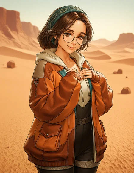 1girl, solo, almaMH, brown hair, hairband, brown eyes, round eyewear, smile, Alma_Outfit, orange jacket, sleeves past wrists, black pants, hands on own chest, depth of field, (three quarter view:1.2), looking at viewer, outdoors, desert, (photorealistic:0.2) <lora:alma_mhwilds_ilxl_v1:0.7>