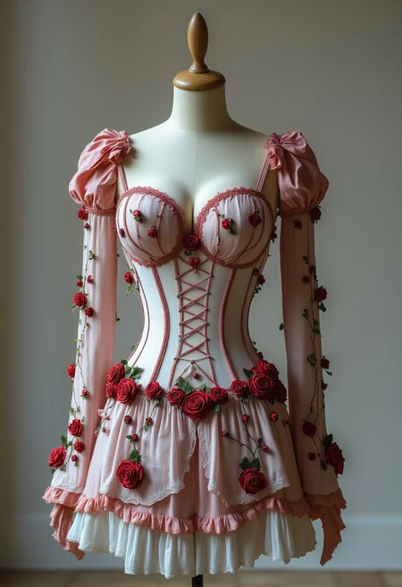 The image is a high-resolution photograph showcasing a life-size, mannequin-dressed mannequin displaying an elaborate, ethereal fantasy dress. The dress is predominantly white, made from a delicate, flowing fabric that appears to be a blend of chiffon and lace. The dress is intricately adorned with numerous red roses and green foliage, creating a whimsical, almost ethereal aesthetic. The bodice is structured with a sweetheart neckline and long, puffed sleeves that end just above the elbows, adorned with intricate lace and floral embroidery. The dress features a detailed, floral-patterned corset-style design that accentuates the bust and waist, with the corset lacing up the back.
Perfect hand, Detailed hand
