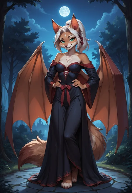 score_9, score_8_up, score_7_up,
source_furry, high quality, perfection, detailed, aesthetic, well-lighted,
1girl, solo, full body,
night, outdoors, mansion, forest,
furry female, anthro, furred body, fluffy fur, beautiful girl, cute girl, adult, youthful, beautiful face, beautiful eyes, perfect eyes, detailed eyes,
vampire, bat girl, light-brown fur, medium breasts, fangs, green eyes, white hair, ponytail,
black dress, bare shoulders, wide sleeves, wings,
standing, posing, smug,