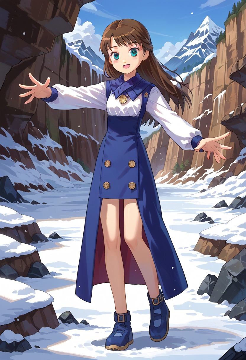 score_8, score_8_up, score_7_up, source_anime, anime screenshot,  1girl, female focus, solo, Amer_SN2, long hair, bangs, brown hair, hirt, brooch, dirndl, long sleeves, white sleeves, sleeve cuffs, overall skirt, overskirt, buttons, bare knees, legs, shoes, ankle strap, blue footwear,  standing, full body, reaching towards viewer, canyon, ice, snow, frozen, outdoors