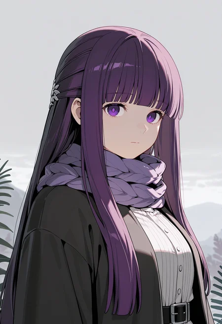 Fern,Fern, solo, scarf, looking at viewer, outdoors, closed mouth, blunt bangs, dress, expressionless, belt, upper body, sidelocks, purple scarf, sky, coat, jacket, grey sky