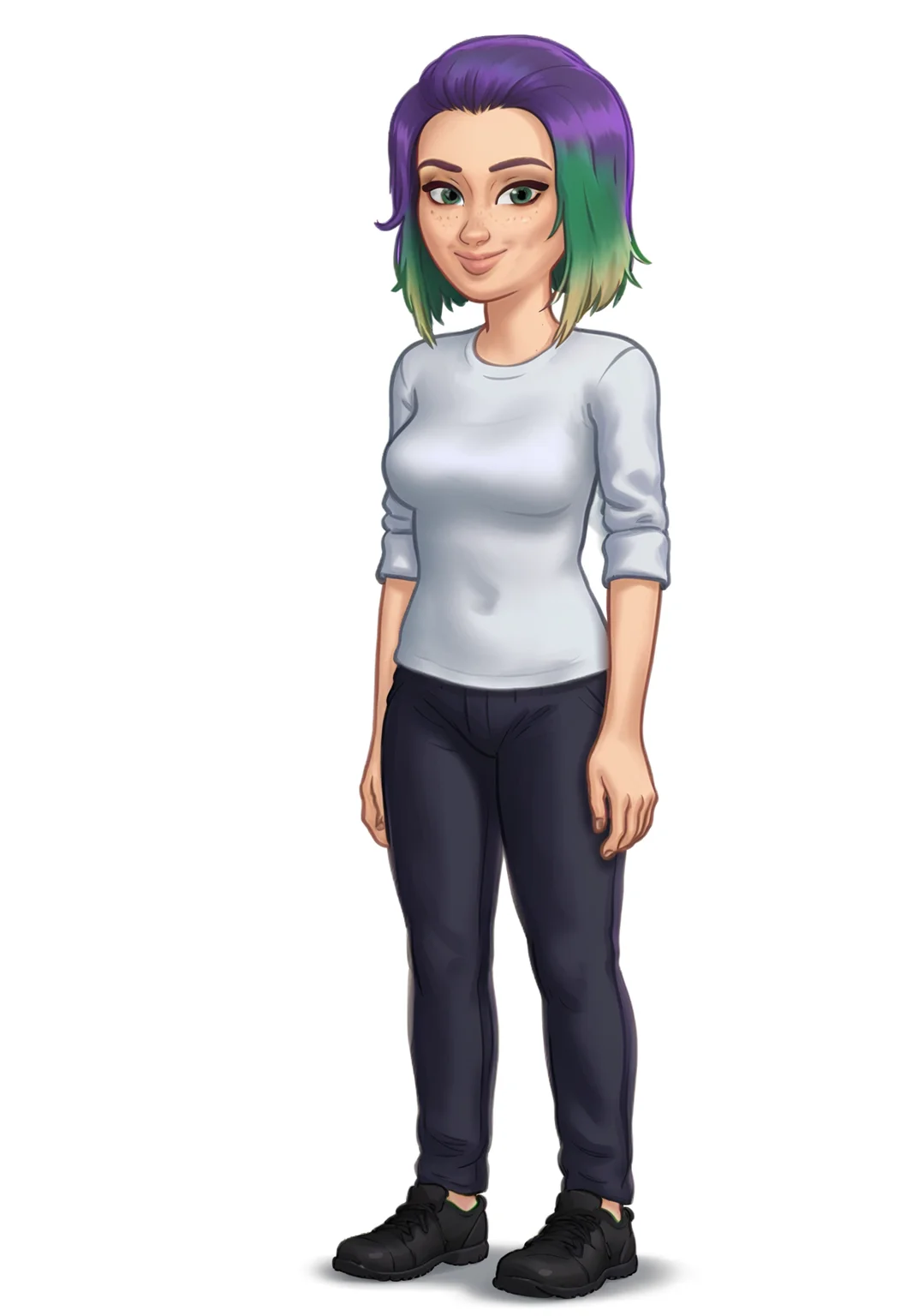 1girl, solo, Br00klynn, green eyes, freckles, multicolored hair, purple hair, green hair, shirt, black pants, black shoes, <lora:Brooklynn - Camp Cretaceous-000010:1>, looking at viewer, smile, <lora:SummertimeSagaXL_Pony Reupload:0.9> Drawn in the style of Summertime Saga, cowboy shot, standing, white background, simple background,