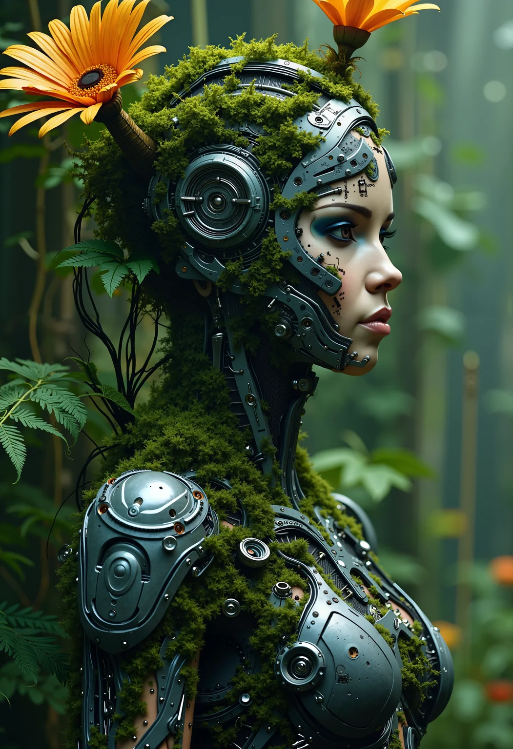 A cyber-enhanced woman with one side of her face covered in moss and microchips, standing in front of a giant, glowing mechanical flower. Her arm is covered in bio-cybernetic implants with roots growing out of them, connecting her to the plants around her. Her expression is calm, embodying the symbiosis of nature and machine. bo-naturepunk, naturecyberpunk, greenpunk<lora:FLUX Naturepunk\bo-naturepunk-000012.safetensors:1.0:1.0>