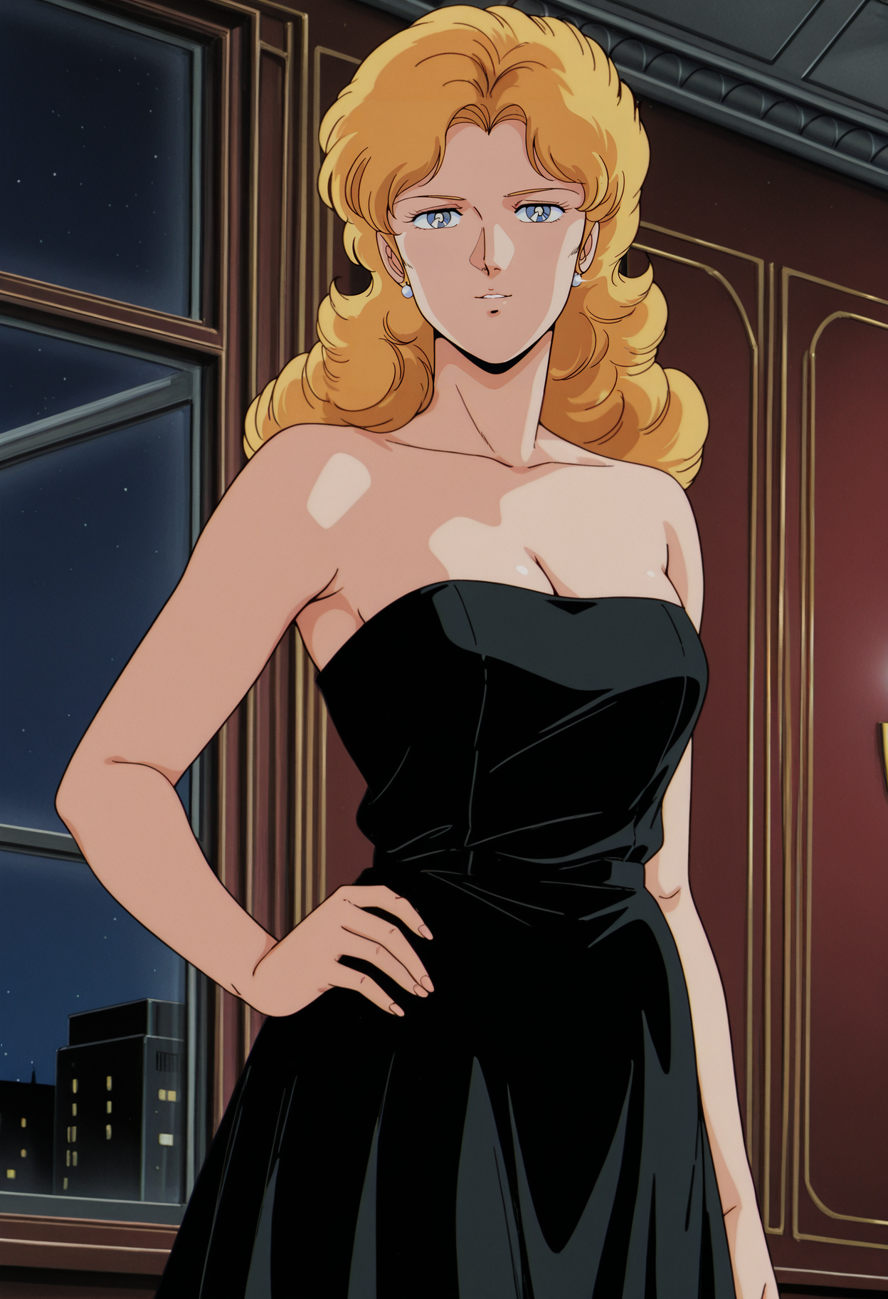 1girl,solo,mm,mature female,long hair,blonde hair,long hair,blue eyes,earrings,anime coloring,retro artstyle,1980s (style),
black dress,cleavage,strapless, strapless dress, hand on own hip, window,night,looking at viewer, light smile,parted lips, indoors,cowboy shot, 
,masterpiece,best quality,amazing quality,<lora:Nadia_Ronah-Gundam_F91:0.8>