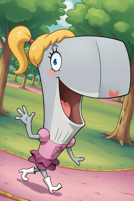masterpiece, best quality, amazing quality, absurdres, solo, pearlkrabs, grey skin, smile, open mouth, waving, walking, dutch angle, looking at viewer, blonde hair, ponytail, pink dress, purple skirt, white heels, outdoors, park, trees, grass